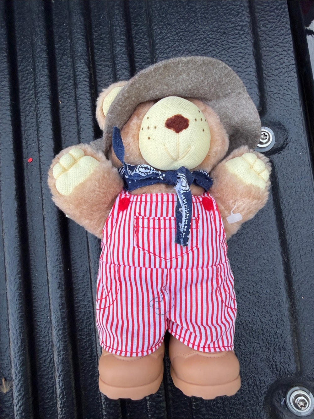 Plush Bear in Red Striped Overalls and Tan Hat - Women's Accessory Plush Accent